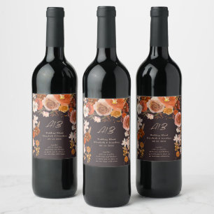 Elegant Midnight Rich Terracotta Floral Wedding Wine Label