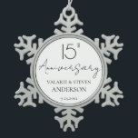 Elegant Minimal 15th Anniversary Wedding  Ceramic Snowflake Pewter Christmas Ornament<br><div class="desc">Minimal Black and white font only design. Script font highlights with easy to read serif name font. Easy to adjust for your own wedding needs. Personalised wedding supplies</div>