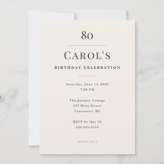 Elegant Minimal 80th Birthday Celebration Invitation (Front)