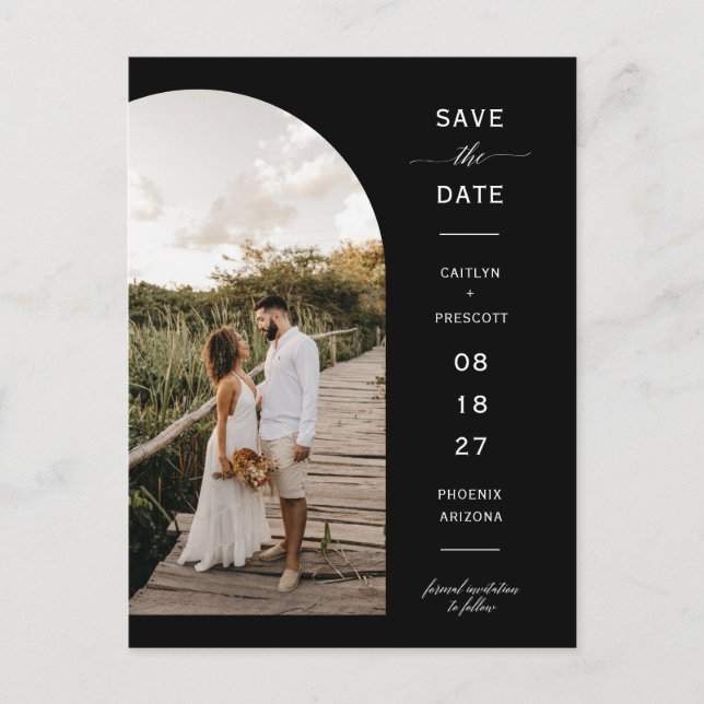 Elegant Minimal Arch Photo QR Code Save the Date Postcard (Front)