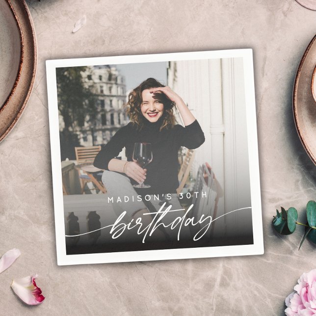 Elegant Minimal Birthday Party Photo Modern Script Napkin (Creator Uploaded)