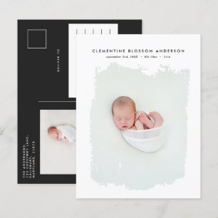 Elegant minimal black and white photo birth announcement postcard
