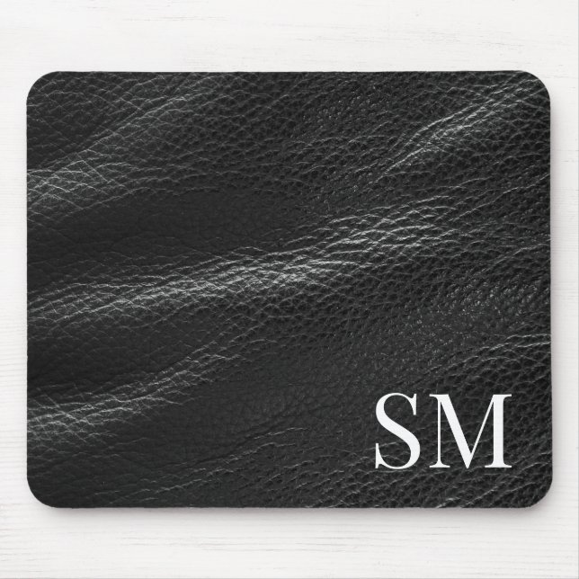 Elegant Minimal Black Leather Monogram Mouse Pad (Front)