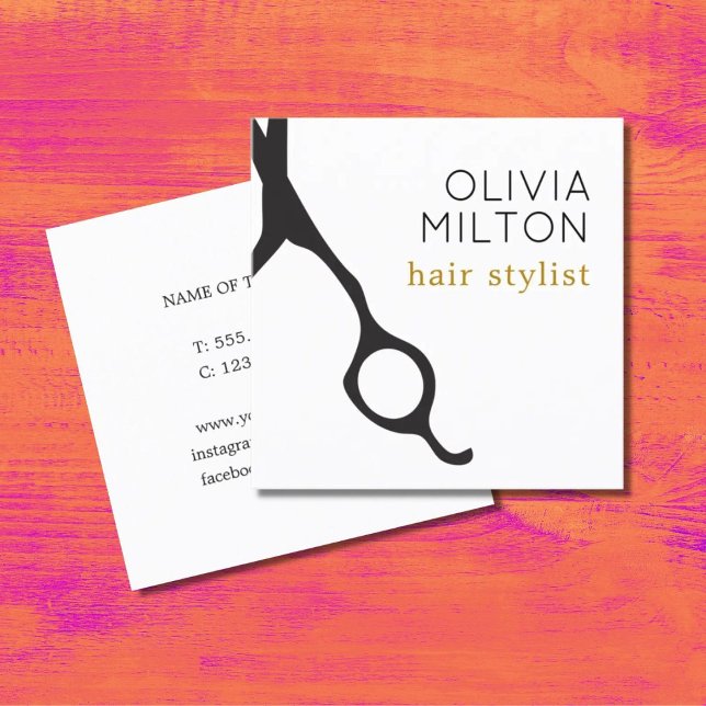 Elegant Minimal Black Scissors Hairstylist Square Business Card (Creator Uploaded)
