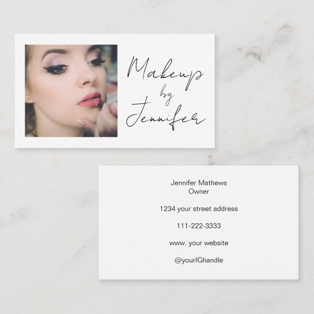 Elegant Minimal Black Script Photo Makeup Business Card (Front/Back)