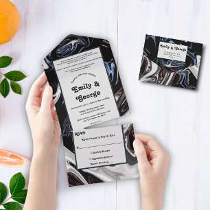 Elegant Minimal Black White Blue Abstract Wedding All In One Invitation