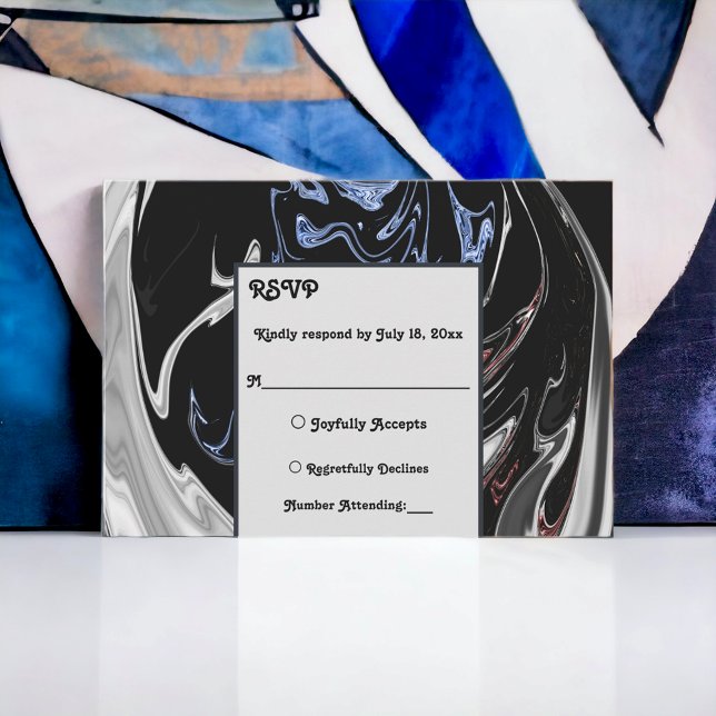 Elegant Minimal Black White Blue Abstract Wedding RSVP Card (Creator Uploaded)