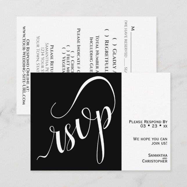 Elegant Minimal Black & White Calligraphy Wedding RSVP Card (Front/Back)