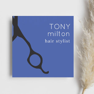 Elegant Minimal Blue Black Scissors Hairstylist Square Business Card