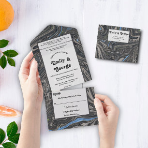 Elegant Minimal Blue Grey Waves Abstract Wedding All In One Invitation