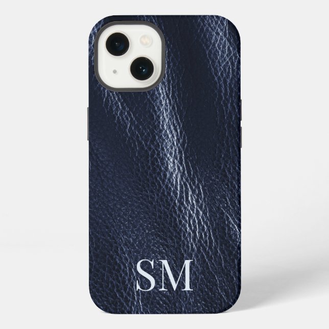 Elegant Minimal Blue Leather Monogram Initials iPhone Case (Back)