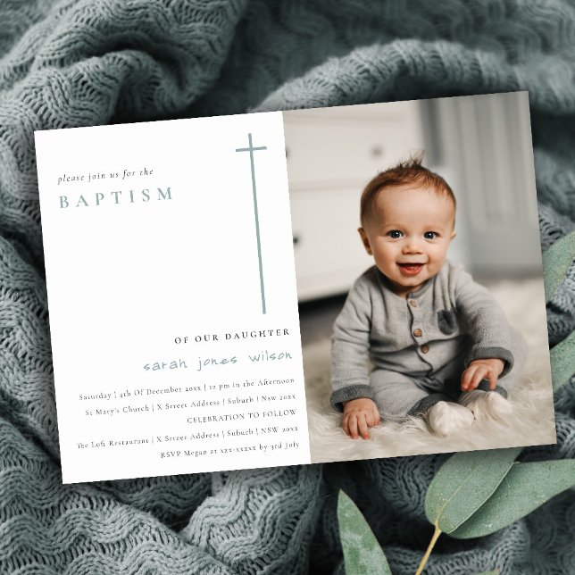 Elegant Minimal Blue Typography Photo Baptism Invitation (Creator Uploaded)