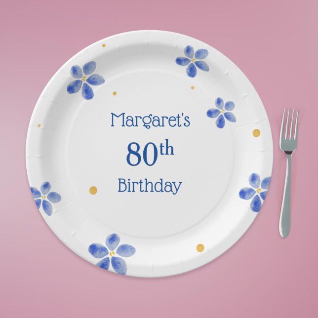 Elegant Minimal Blue Watercolor Floral  Paper Plate (Elegant Minimal Blue Watercolor Floral Paper Plates for 80th Birthday Parties)