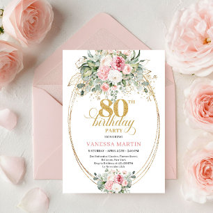 Elegant Minimal Blush Floral 80th Birthday Invites