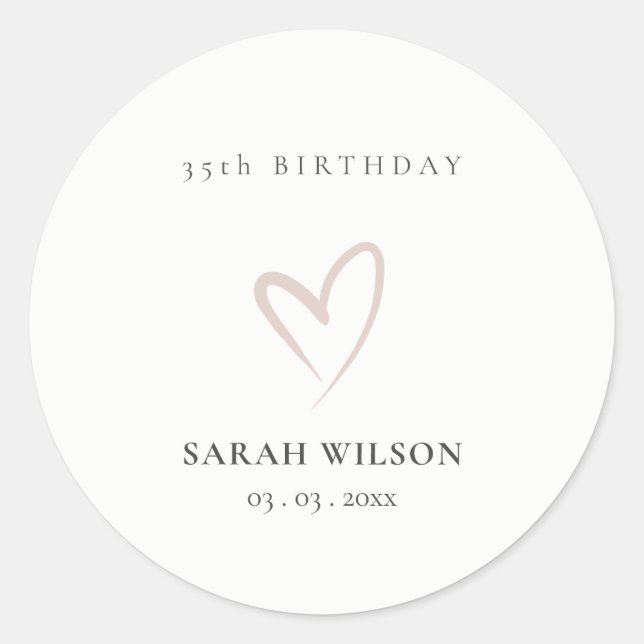 Elegant Minimal Blush Pink Heart Any Age Birthday Classic Round Sticker (Front)