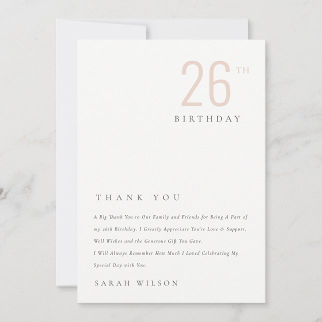 Elegant Minimal Bold Dusky Blush Any Age Birthday Thank You Card (Front)