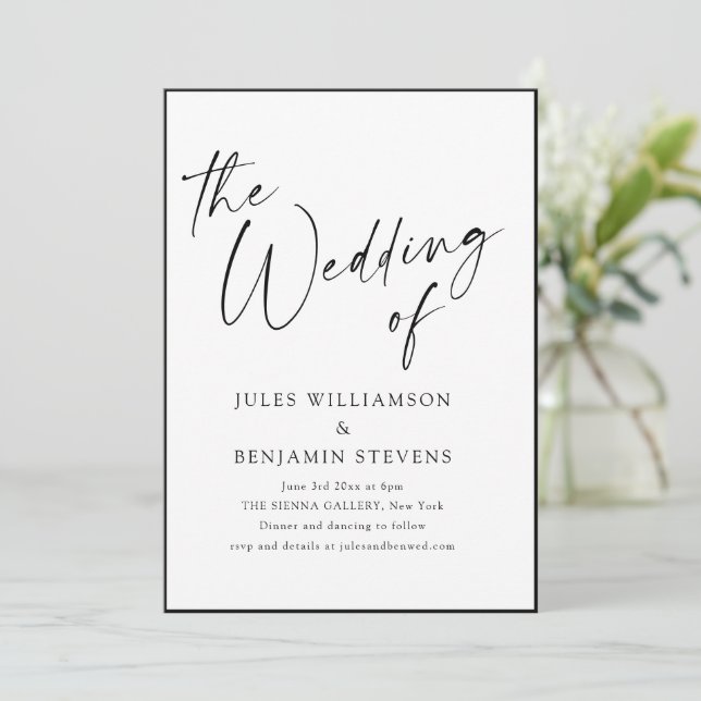 Elegant Minimal Border Black White Script Wedding Invitation (Standing Front)