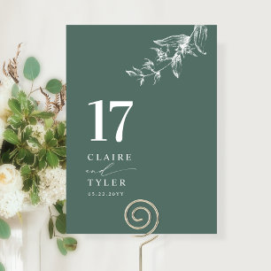 Elegant, Minimal Botanical Deep Green Wedding Table Number