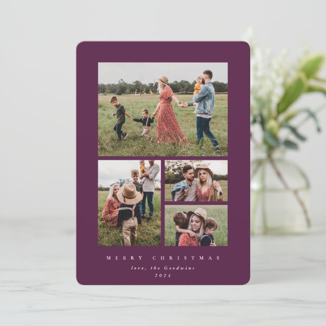 Elegant Minimal Burgundy Frame 4 Photo Holiday Card (Standing Front)