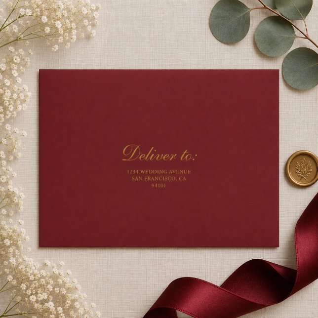 Elegant Minimal Burgundy Red & Gold Script Wedding Envelope (Creator Uploaded)