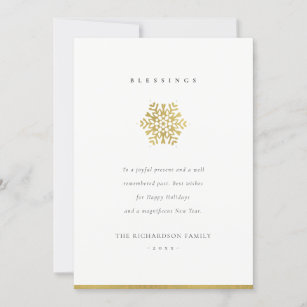 Elegant Minimal Chic Faux Gold Snowflake Blessings Holiday Card