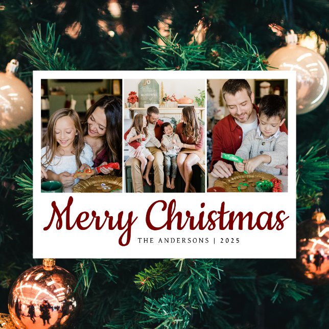 Elegant Minimal Christmas | Modern Family 3 Photo  Holiday Card (Creator Uploaded)