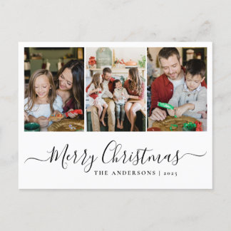 Elegant Minimal Christmas | Modern Family 3 Photo Holiday Postcard
