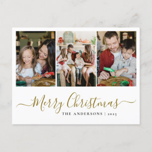 Elegant Minimal Christmas Modern Family 3 Photo Holiday Postcard