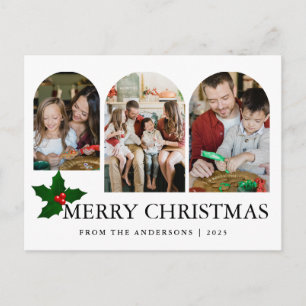 Elegant Minimal Christmas Modern Family 3 Photo Holiday Postcard