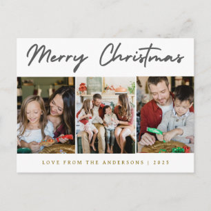Elegant Minimal Christmas Modern Family 3 Photo Holiday Postcard