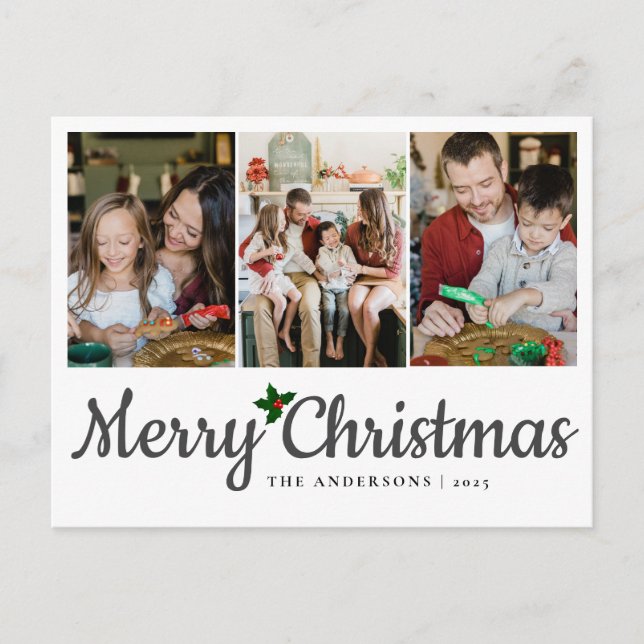 Elegant Minimal Christmas | Modern Family 3 Photo  Holiday Postcard (Front)