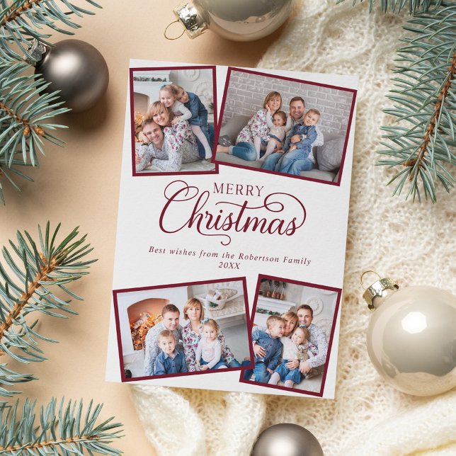 Elegant Minimal Christmas Script 4 Photo Burgundy Holiday Card (Creator Uploaded)