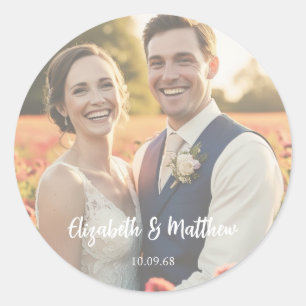 Elegant minimal clean neutral rustic photo wedding classic round sticker