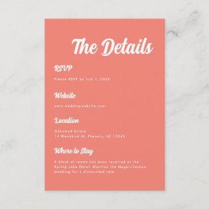 Elegant Minimal Coral Pink Script Wedding Details Enclosure Card