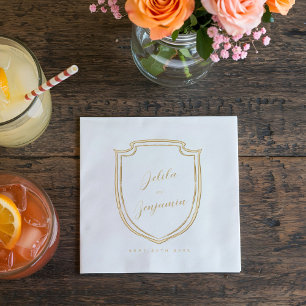 Elegant Minimal Crest Couples Name & Wedding Date Foil Napkins
