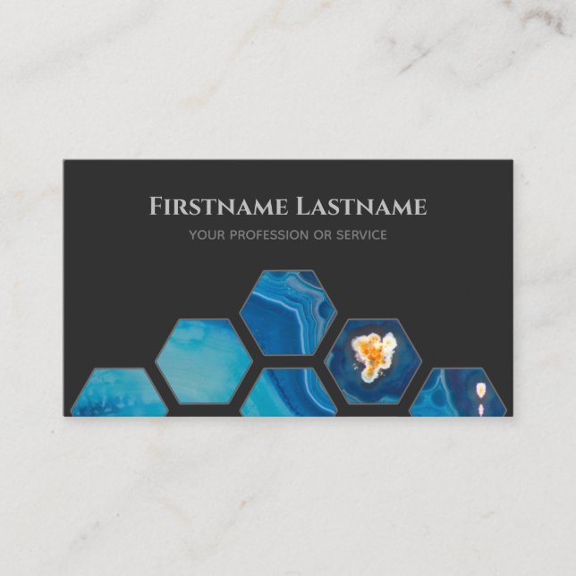 Elegant minimal dark grey blue crystals hexagons business card (Front)