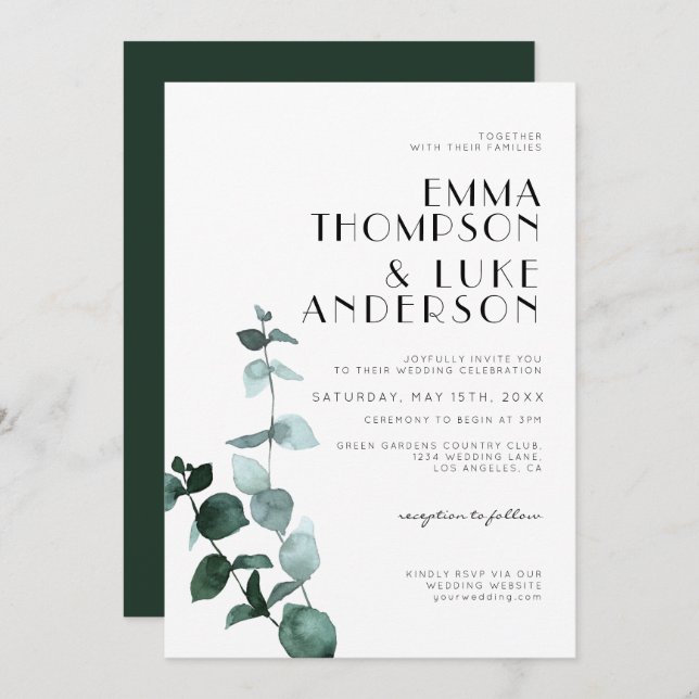 Elegant Minimal Eucalyptus Greenery Leaves Wedding Invitation (Front/Back)
