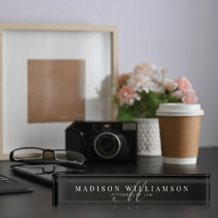 Elegant Minimal Executive Name & Monogram Black Nameplate