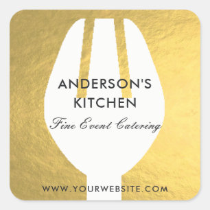ELEGANT MINIMAL FAUX GOLD FORK CHEF CATERING SQUARE STICKER