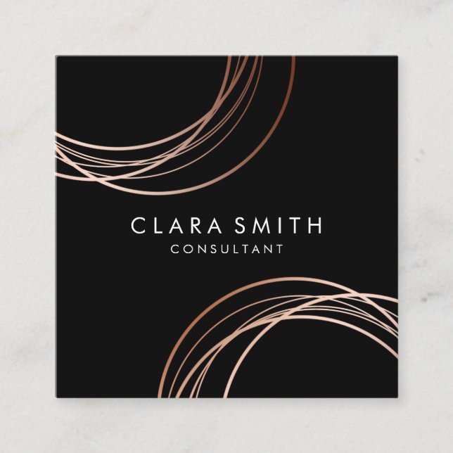 Elegant minimal faux rose gold geometric black square business card (Front)