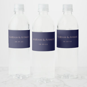 Elegant Minimal Faux Rose & Navy Names Wedding Water Bottle Label