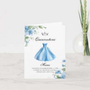 Elegant Minimal Floral Blue Quinceañera Watercolor Invitation