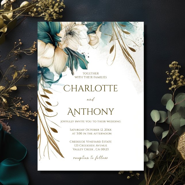 Elegant Minimal Floral Greenery Teal Gold Wedding Invitation (Creator Uploaded)