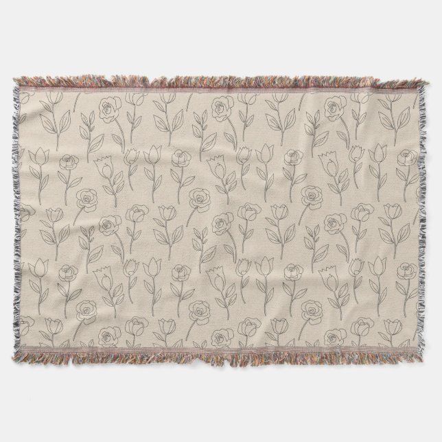 Elegant Minimal Floral Line Pattern Throw Blanket (Front)