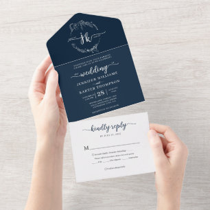 Elegant Minimal Floral Navy Blue Monogram Wedding All In One Invitation