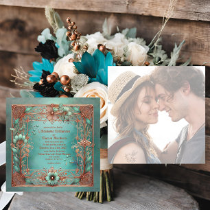 Elegant Minimal Frame Copper Turquoise Wedding  Holiday Card