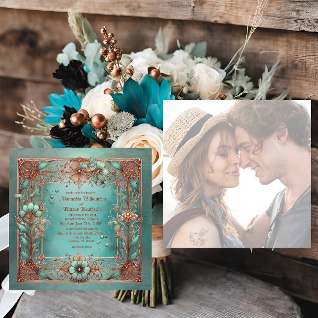 Elegant Minimal Frame Copper Turquoise Wedding  Holiday Card (Creator Uploaded)
