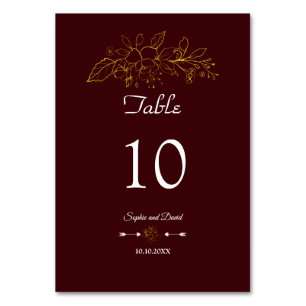 Elegant Minimal Gold Floral Deep Burgundy Wedding Table Number