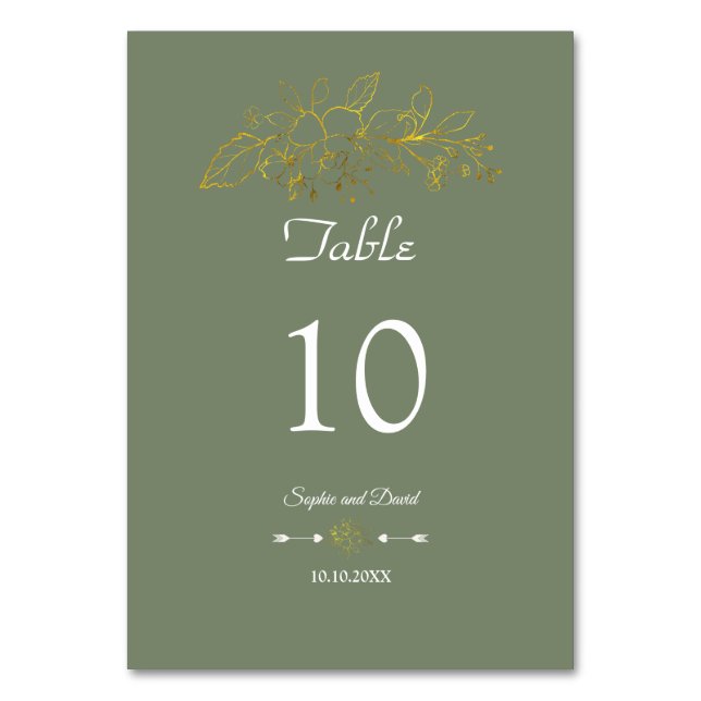 Elegant Minimal Gold Floral Sage Green Wedding Table Number (Front)