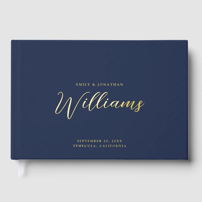 Elegant Minimal Gold Foil Navy Blue Wedding  Guest Book (Front)